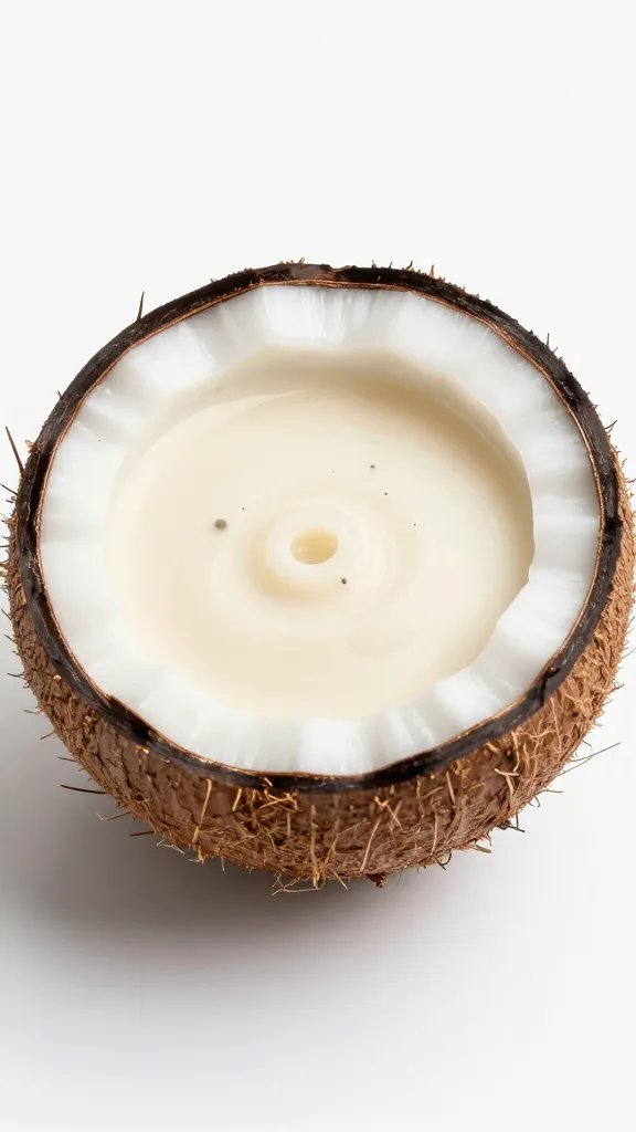 single halved coconut filled with smoothie, macro, soft light