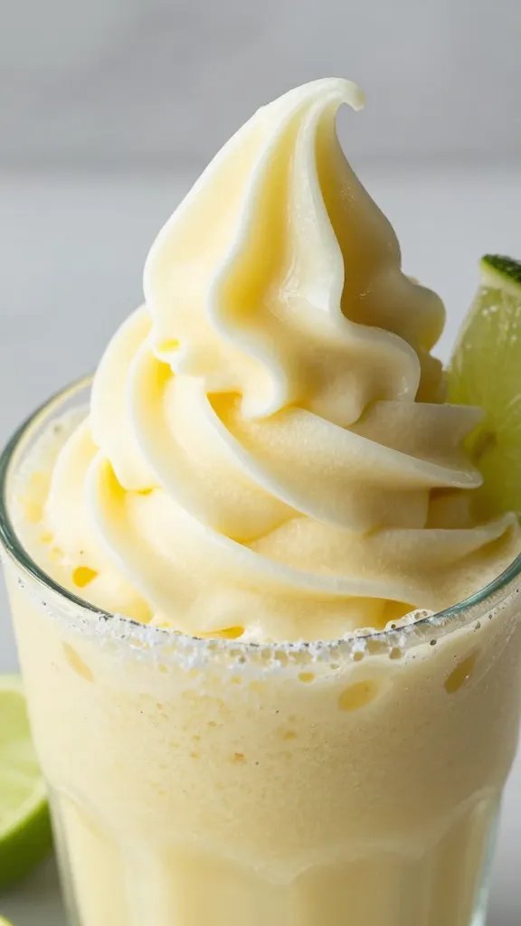 closeup pineapple-lime ginger smoothie swirl, frosty glass rim