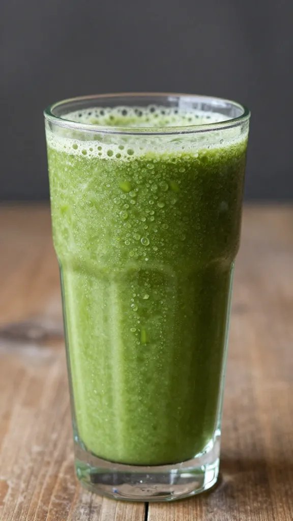 tall glass of apple kale detox smoothie, condensation, natural light