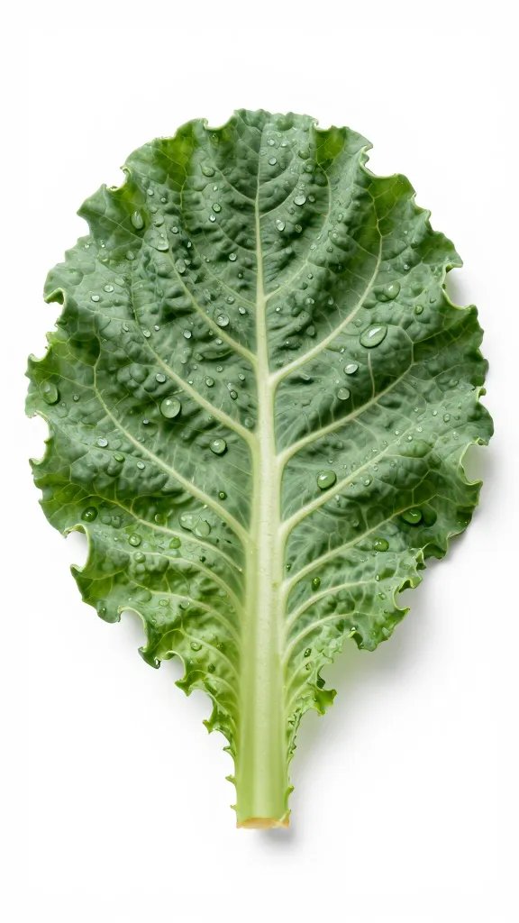 single kale leaf with water droplets, studio macro lighting