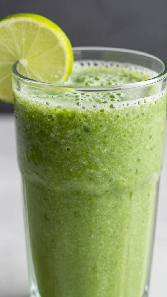closeup tropical green smoothie in clear glass, lime wedge