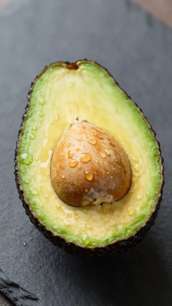 halved avocado with seed, dewy, macro on slate surface