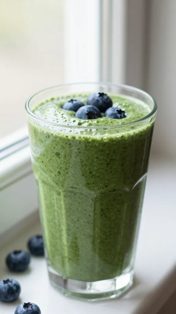 closeup blueberry spinach smoothie in clear glass, soft window light
