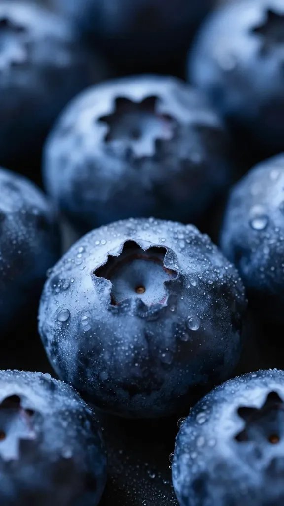 macro shot of blueberries dusted with condensation, dark backdrop