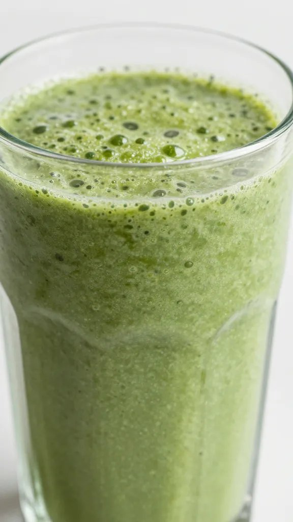closeup strawberry green detox smoothie in clear glass, natural light