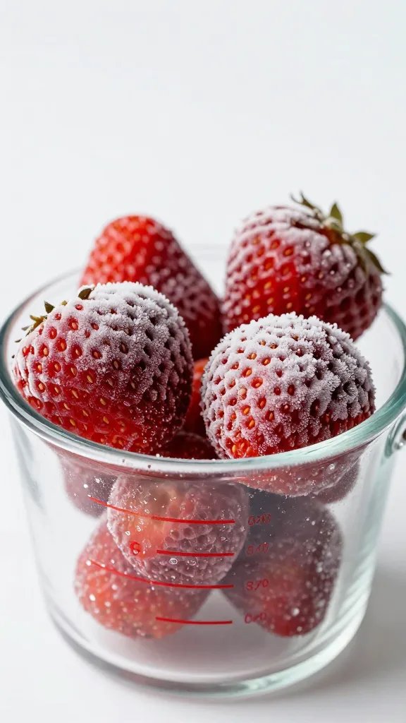 frozen strawberries in frosty measuring cup, studio macro