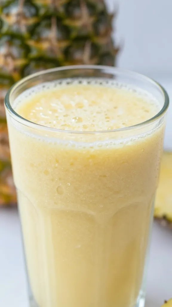 closeup pineapple ginger smoothie in clear glass, coconut-water sheen