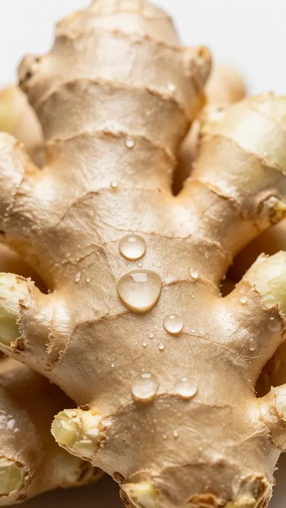 macro shot of fresh ginger root with dewy droplets