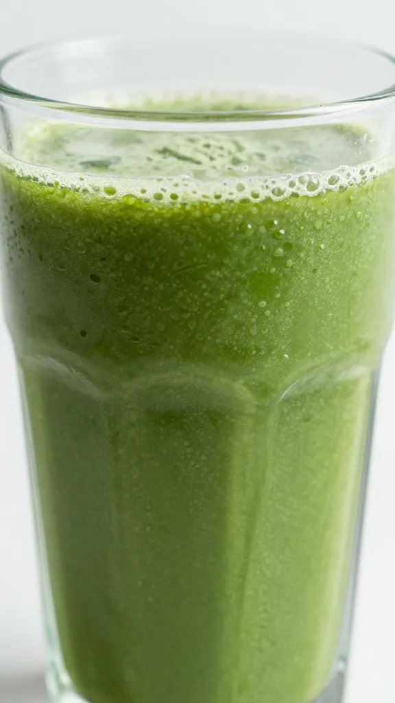 closeup glass of super green smoothie with condensation