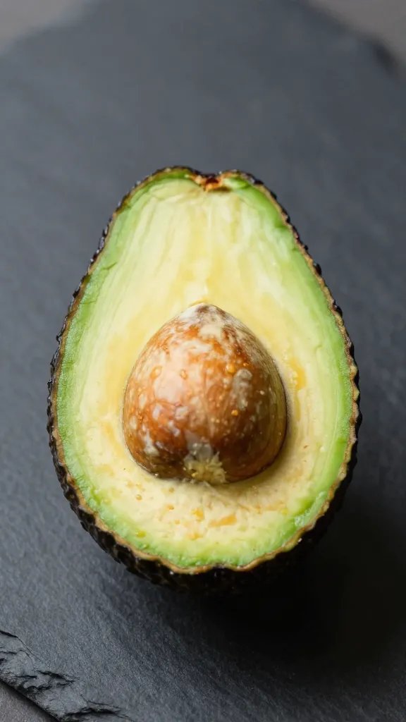 single halved avocado on slate, seed visible, studio light