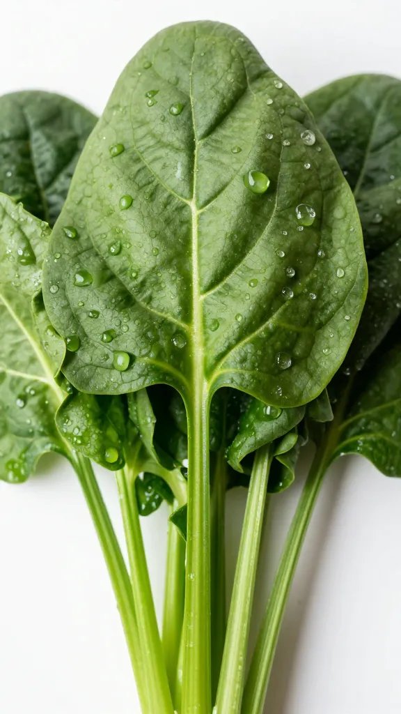 fresh spinach bunch, dewy leaves, macro food photography
