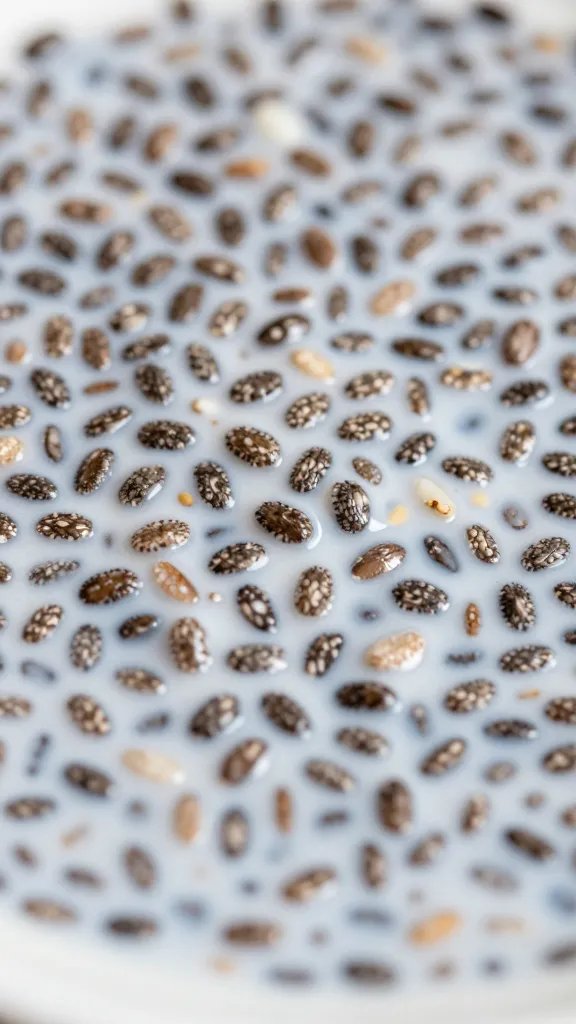 macro shot of chia seeds swelling in almond milk