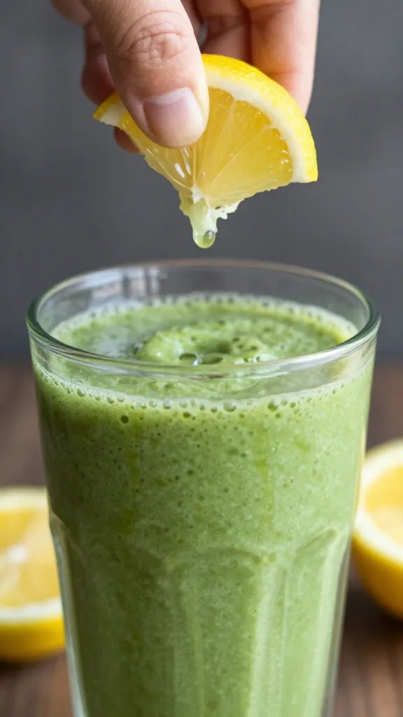 lemon wedge squeeze over green smoothie, shallow depth of field