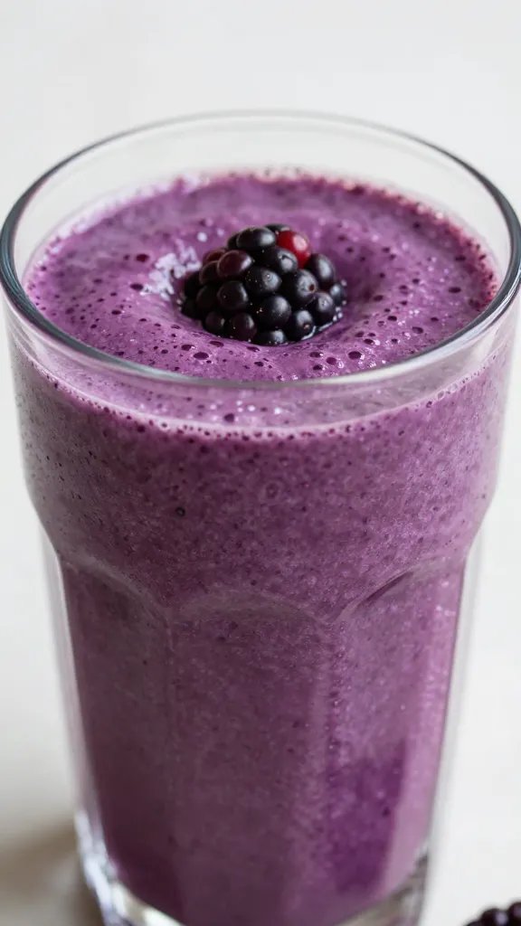 closeup blackberry detox smoothie in clear glass, jewel-purple