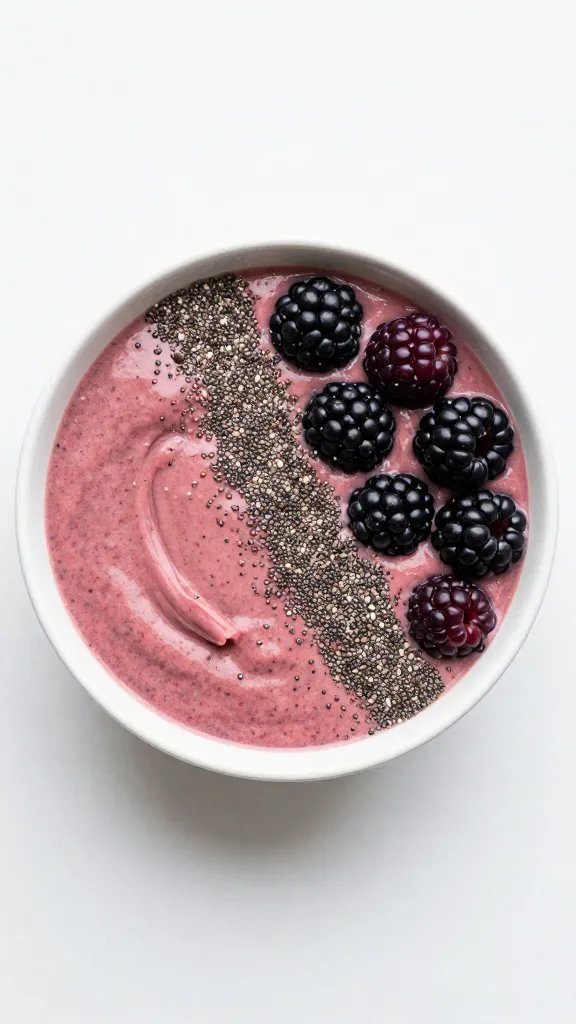single blackberry smoothie bowl with chia garnish, overhead