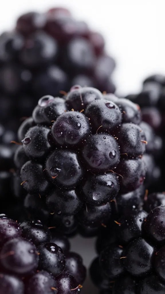 macro shot of fresh blackberry with water droplets, high-key lighting