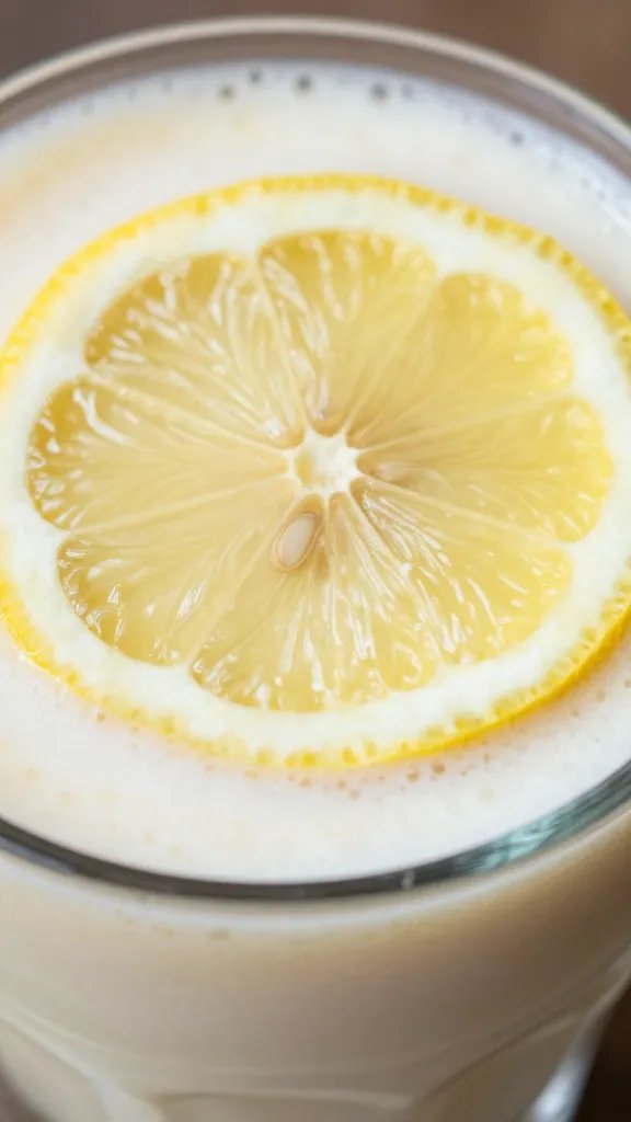 Single lemon slice resting on smoothie rim, macro detail