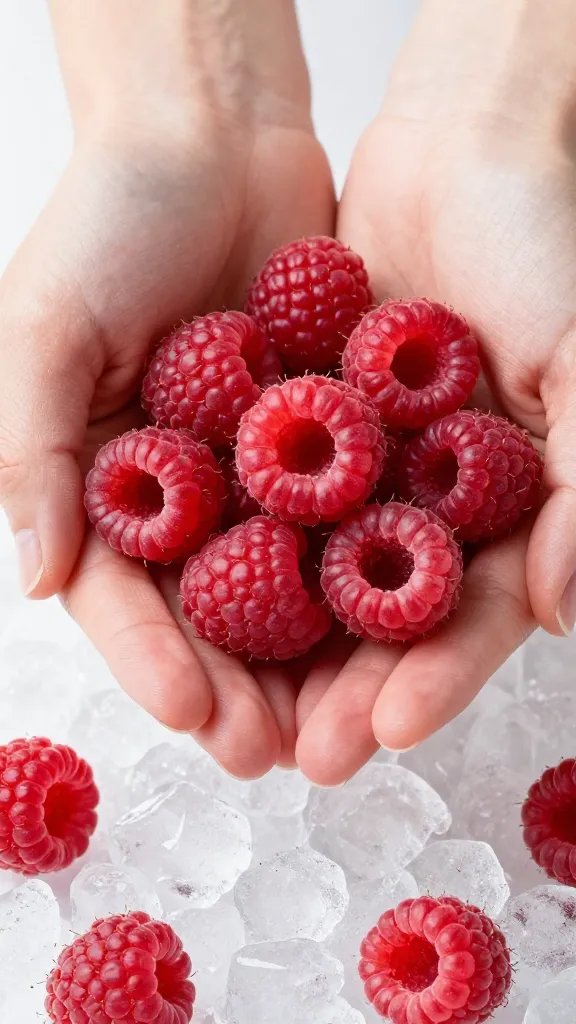 Handful of fresh raspberries on crushed ice, studio closeup