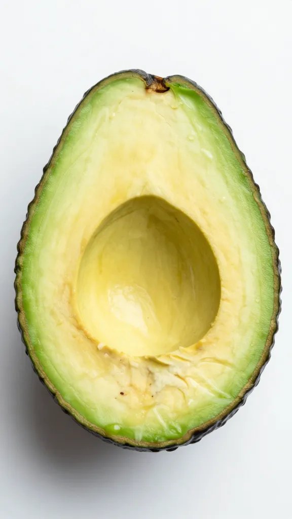 halved ripe avocado on white board, silky flesh closeup
