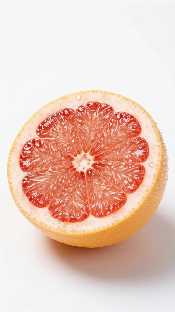 halved ruby grapefruit with dewdrops, white backdrop