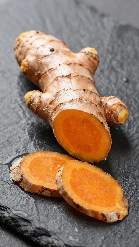 fresh turmeric root slice on wet slate surface