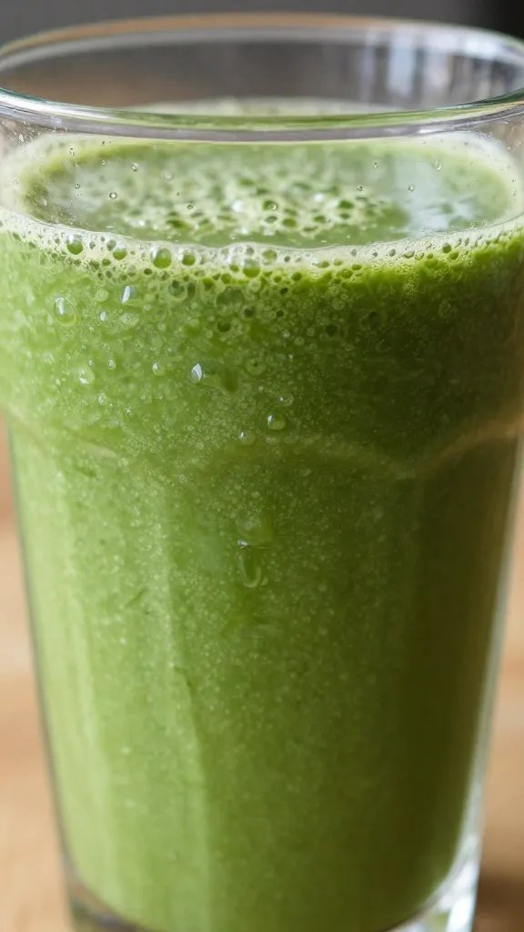 closeup detox green smoothie in clear glass, condensation, daylight