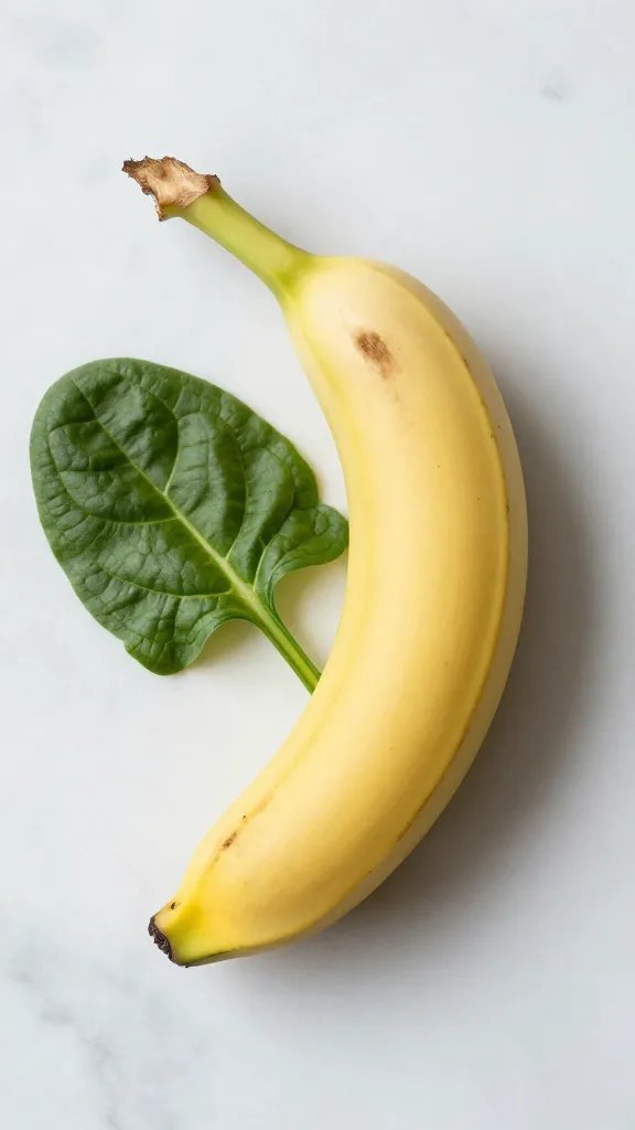 single ripe banana on marble beside spinach leaf, soft light