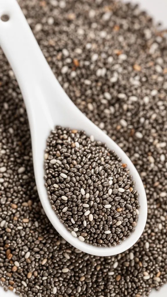 overhead scoop of chia seeds on white ceramic spoon