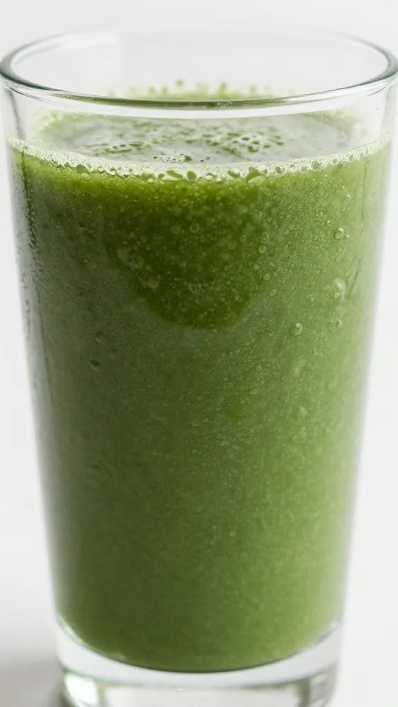 Closeup of green detox smoothie in clear glass, condensation