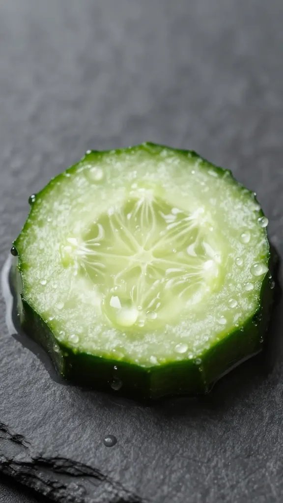 Single cucumber slice with water droplets, macro on slate