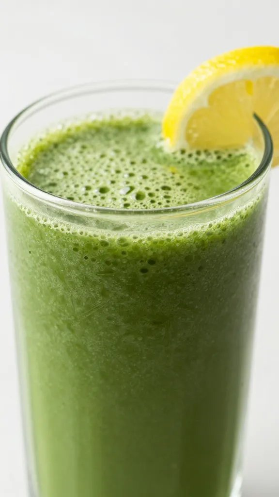 closeup glass of green detox smoothie with lemon twist