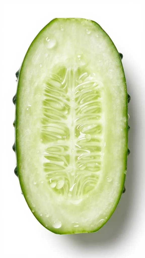 overhead shot of single cucumber slice with water droplets