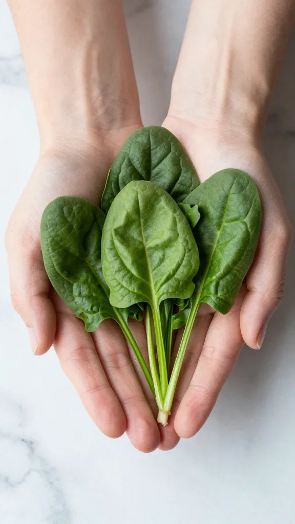 closeup handful of fresh spinach leaves on marble surface