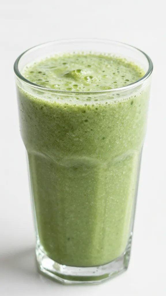 frosty green detox smoothie in clear glass, closeup