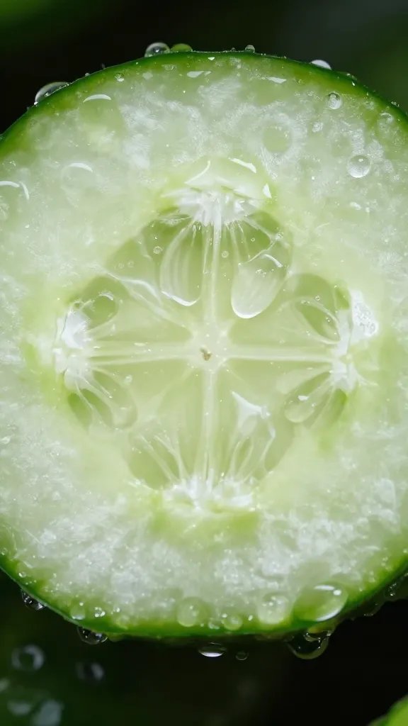 single dewy cucumber slice with water droplets, macro