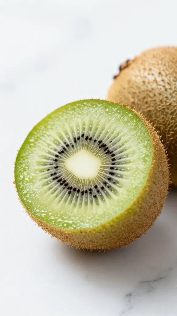 halved ripe kiwi on white marble, closeup lighting