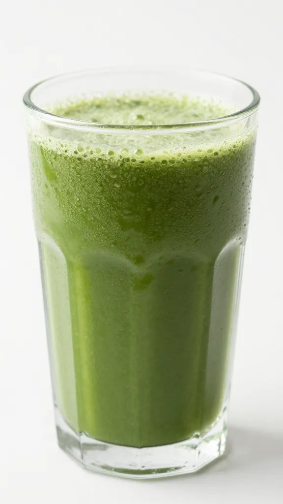 closeup glass of green detox smoothie, condensation, white backdrop