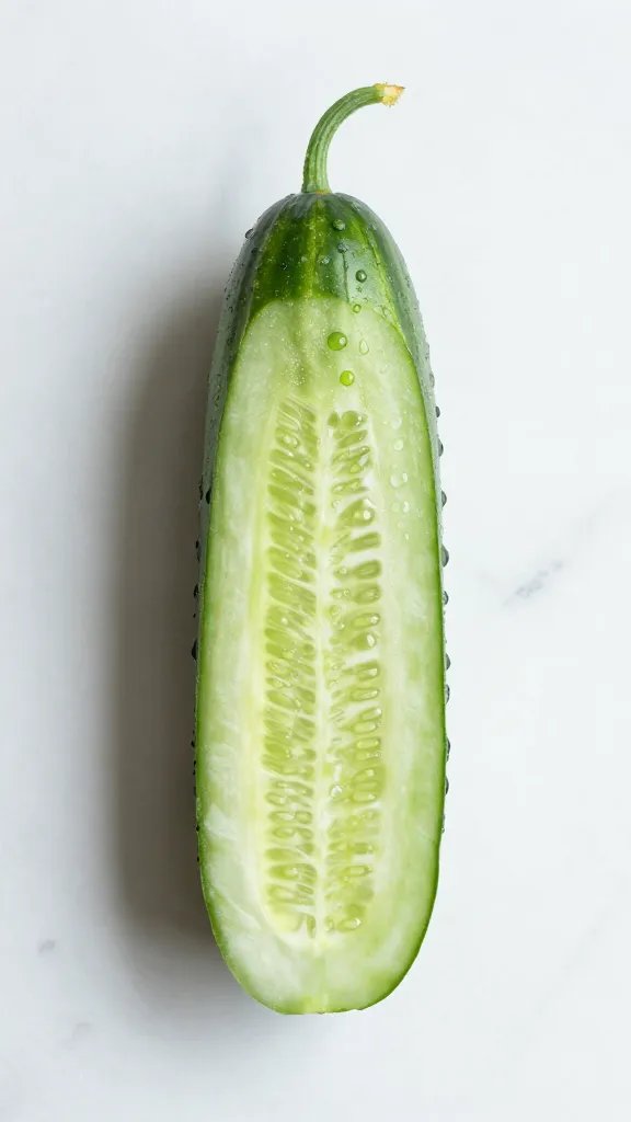 single halved cucumber with droplets on marble, soft daylight