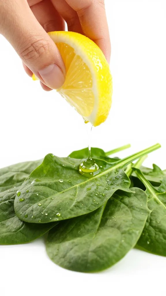 lemon wedge squeezed over spinach leaves, macro, bright studio lighting