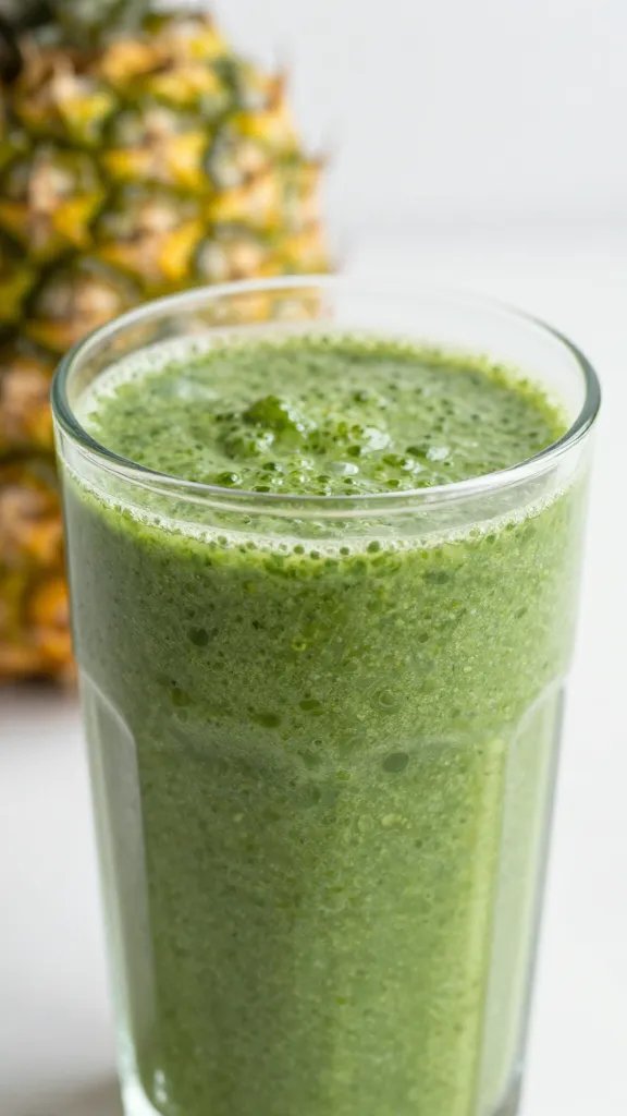 closeup pineapple spinach smoothie in clear glass, soft daylight
