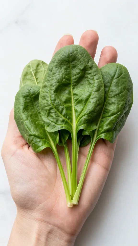 handful of baby spinach leaves on marble, top-down closeup