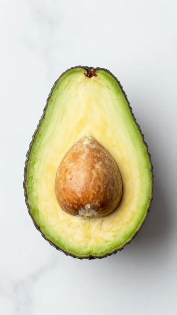 single ripe avocado half on marble, pit visible, overhead