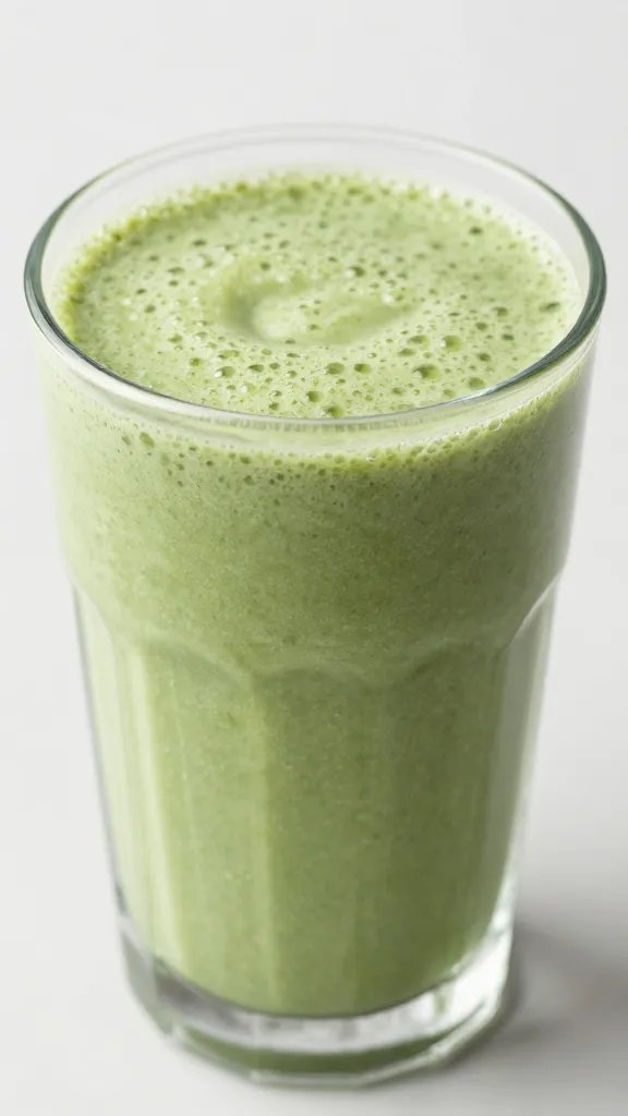 frosty green cleanse smoothie in clear glass, closeup