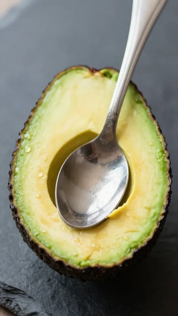 halved ripe avocado with spoon, on slate backdrop, closeup