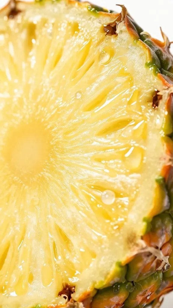 single pineapple slice with juice droplets, macro shot