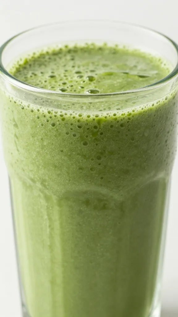 closeup hydrating green detox smoothie in clear glass, condensation
