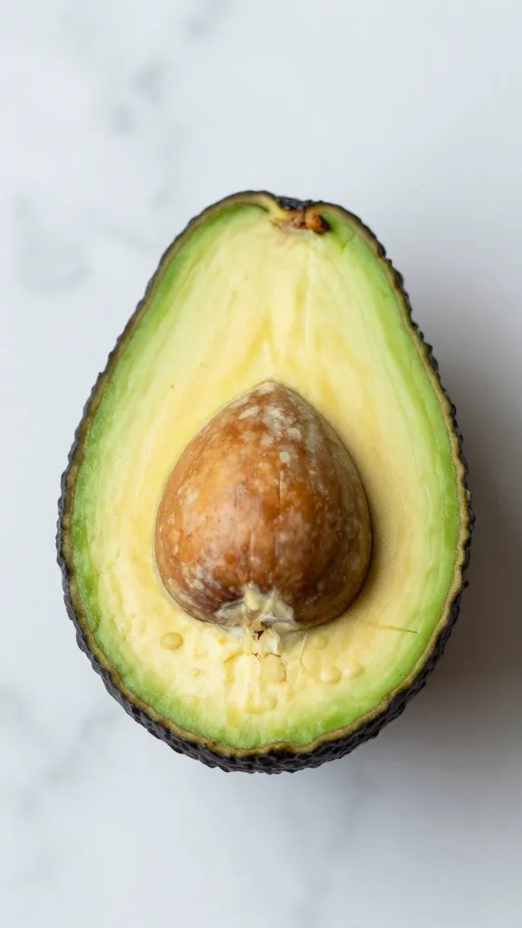 halved ripe avocado on marble, seed visible, soft daylight