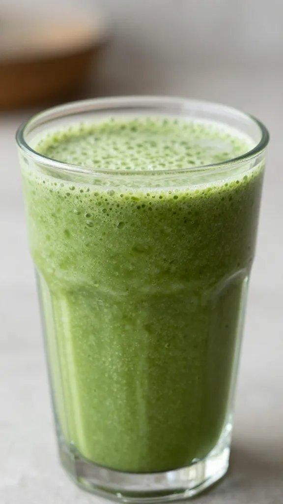 closeup tropical green detox smoothie in clear glass, soft daylight