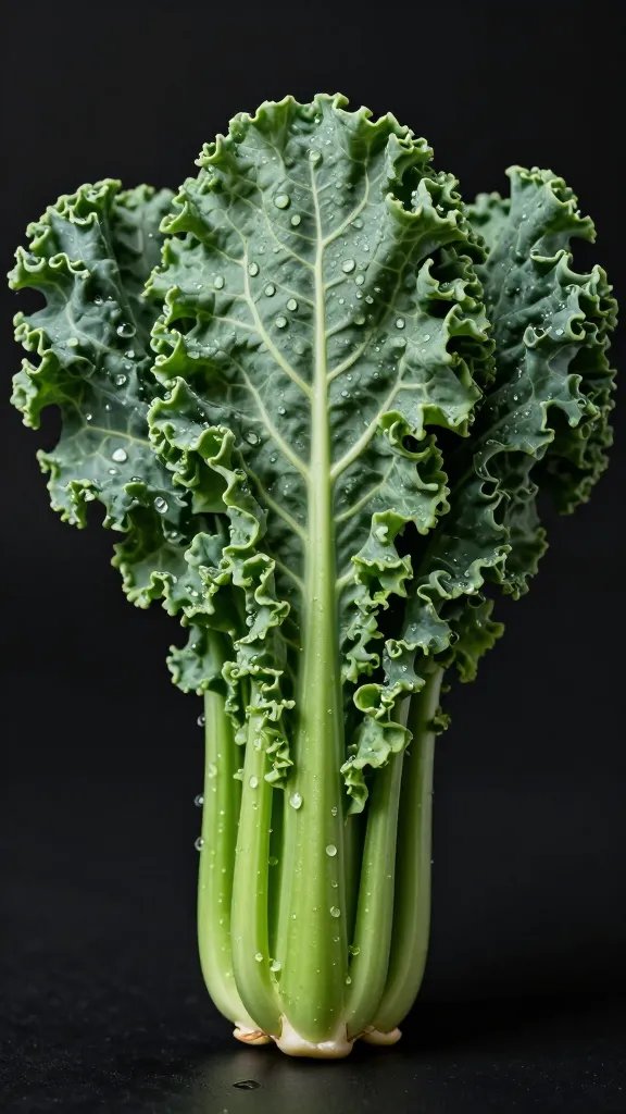 single bunch of fresh kale with water droplets, studio closeup