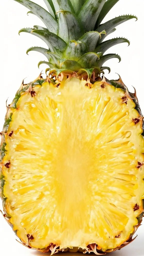 ripe pineapple half with visible juicy flesh, macro shot